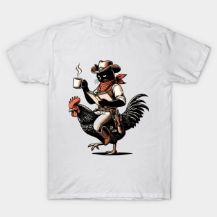 Cat Reading a Book And Drinking Coffee Riding Chicken T-Shirt